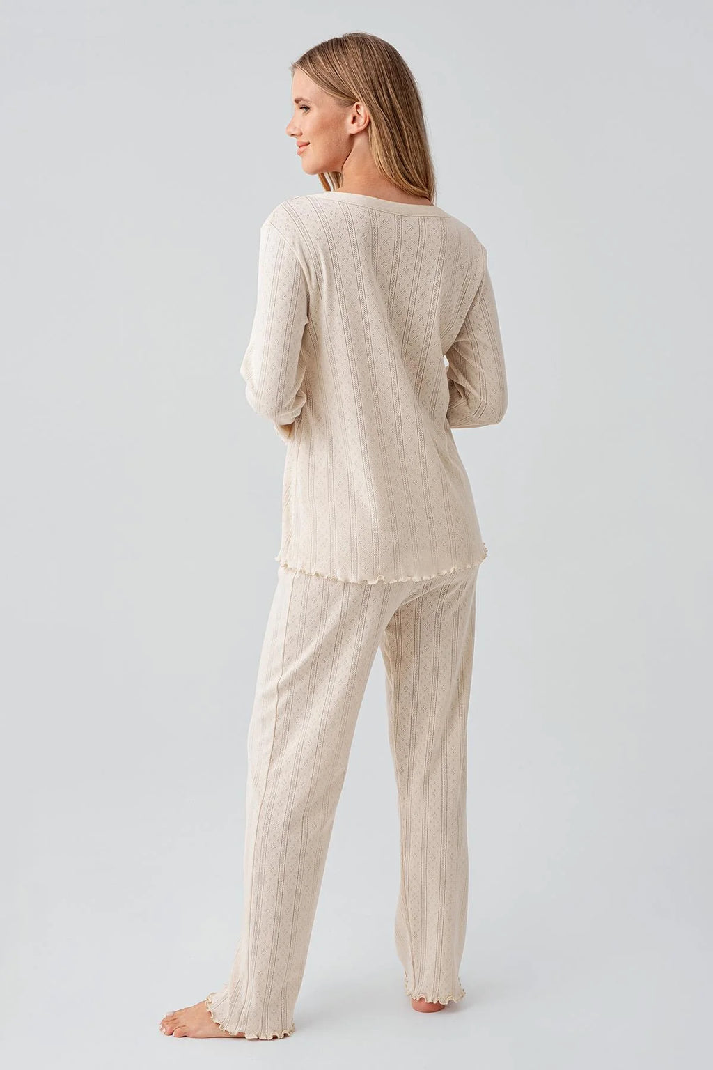 Pleated Cellular Cotton Maternity Feeding-Friendly Pajama Set Beige - S18214
