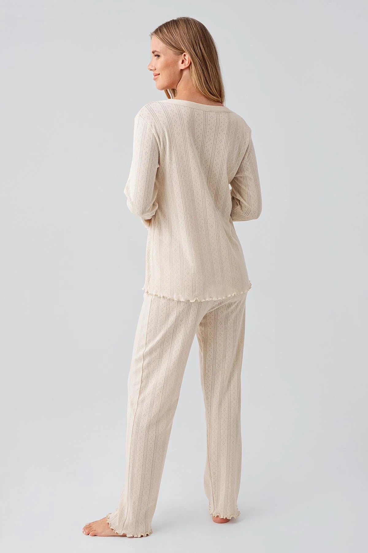 Pleated Cellular Cotton Maternity Feeding-Friendly Pajama Set Beige - S18214