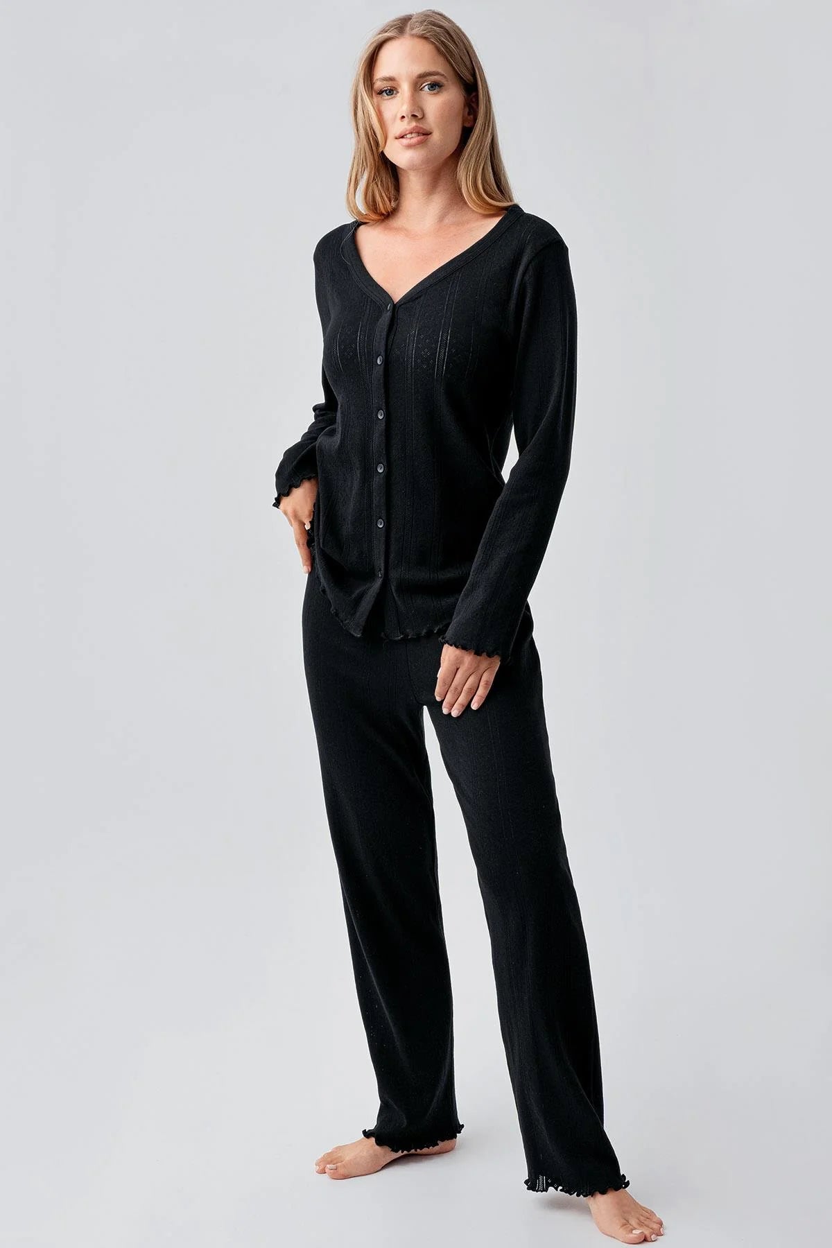 Pleated Cellular Cotton Maternity Feeding-Friendly Pajama Set Black - S18214