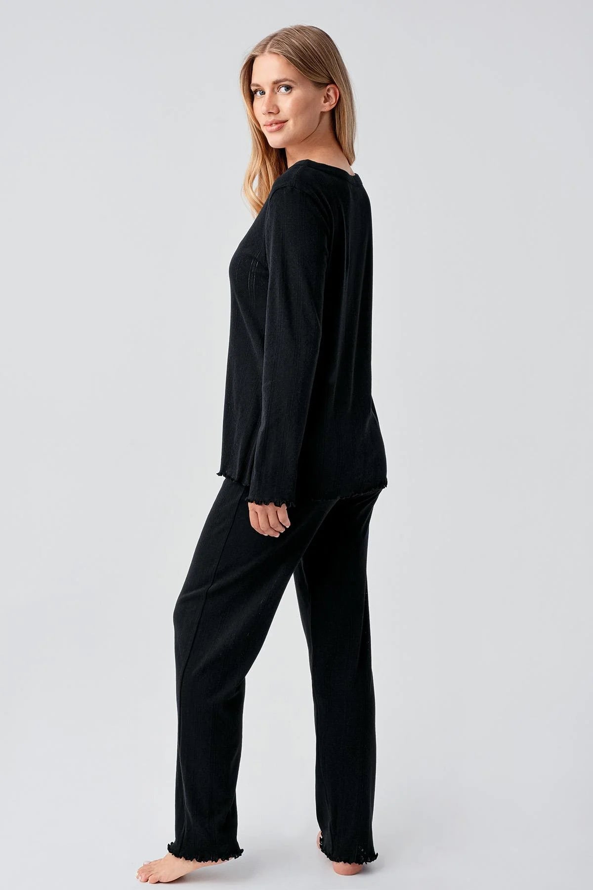 Pleated Cellular Cotton Maternity Feeding-Friendly Pajama Set Black - S18214