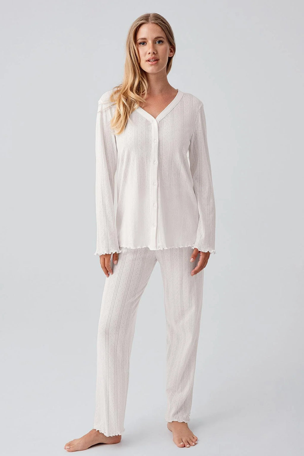 Pleated Cellular Cotton Maternity Feeding-Friendly Pajama Set Ecru - S18214