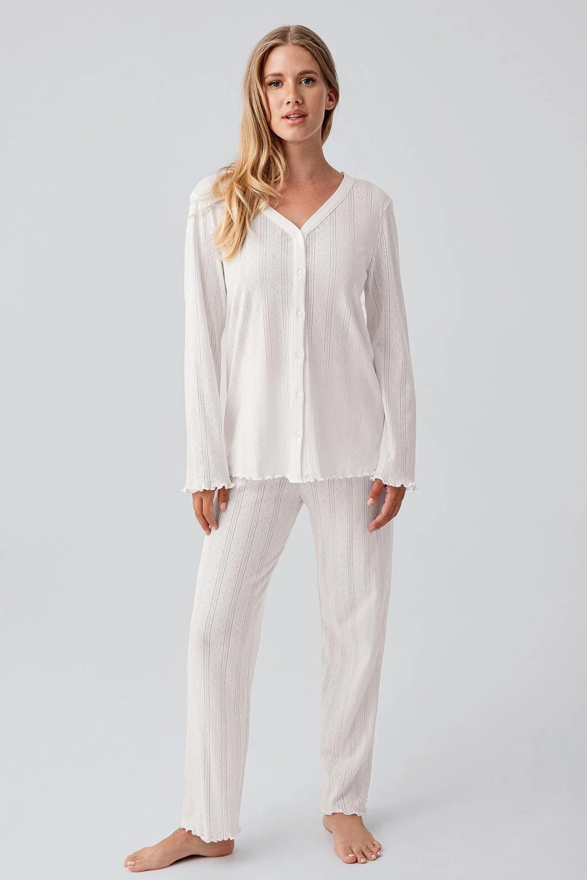 Pleated Cellular Cotton Maternity Feeding-Friendly Pajama Set Ecru - S18214