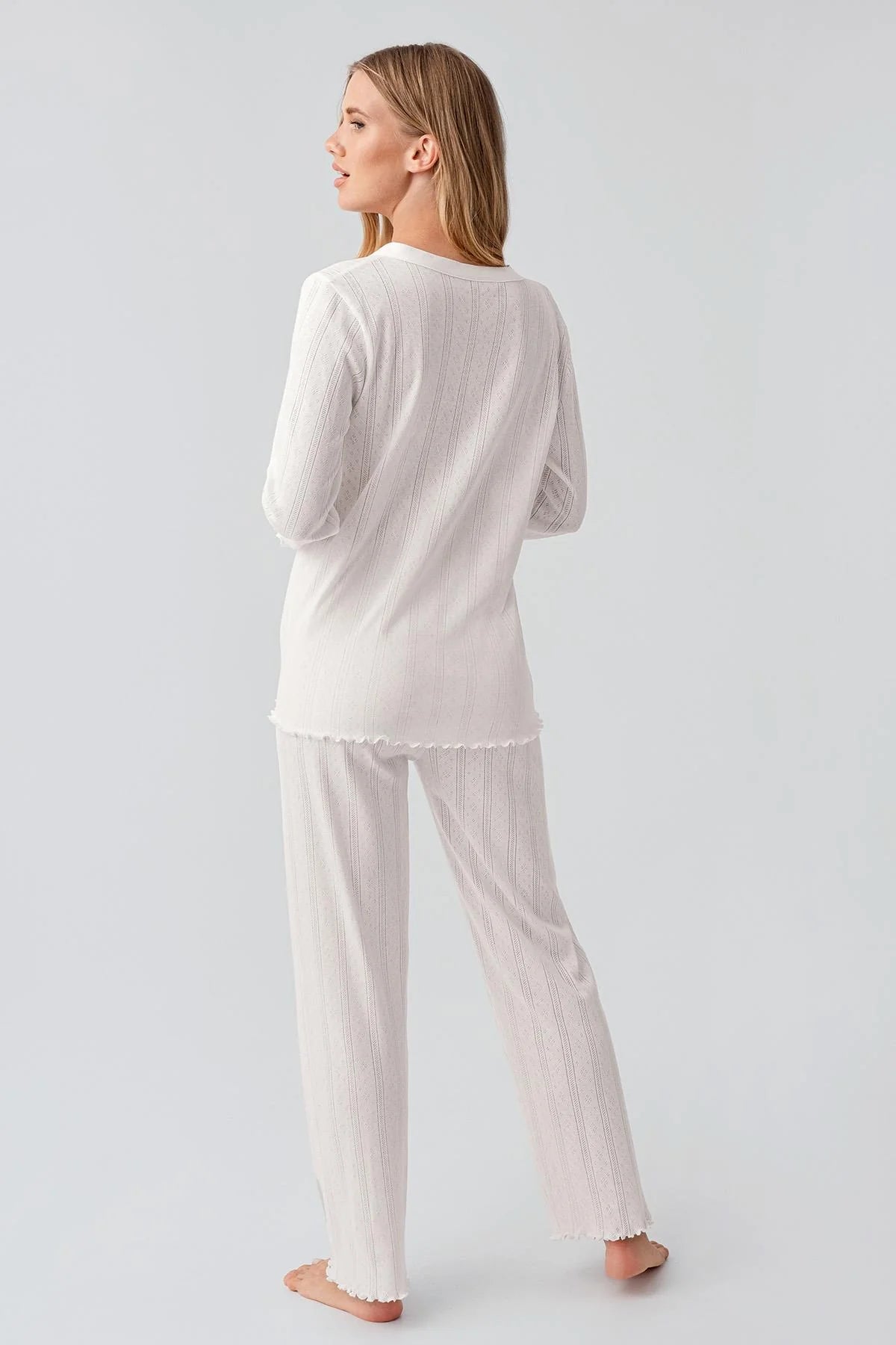 Pleated Cellular Cotton Maternity Feeding-Friendly Pajama Set Ecru - S18214