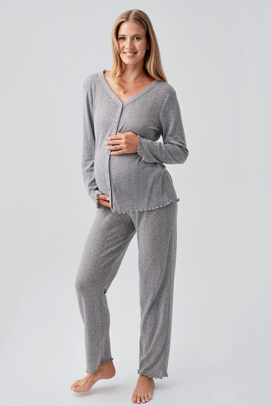 Pleated Cellular Cotton Maternity Feeding-Friendly Pajama Set Grey - S18214