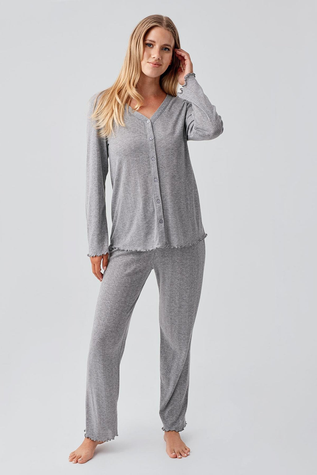 Pleated Cellular Cotton Maternity Feeding-Friendly Pajama Set Grey - S18214