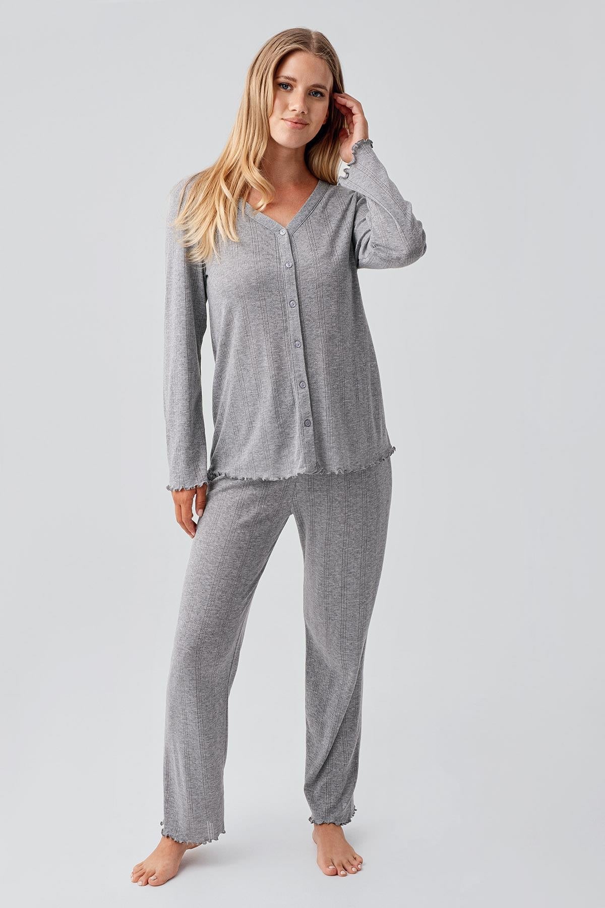 Pleated Cellular Cotton Maternity Feeding-Friendly Pajama Set Grey - S18214