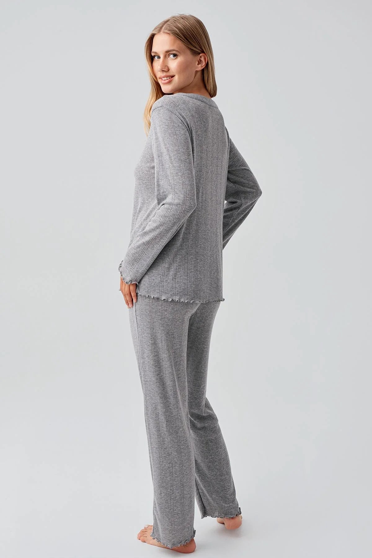 Pleated Cellular Cotton Maternity Feeding-Friendly Pajama Set Grey - S18214