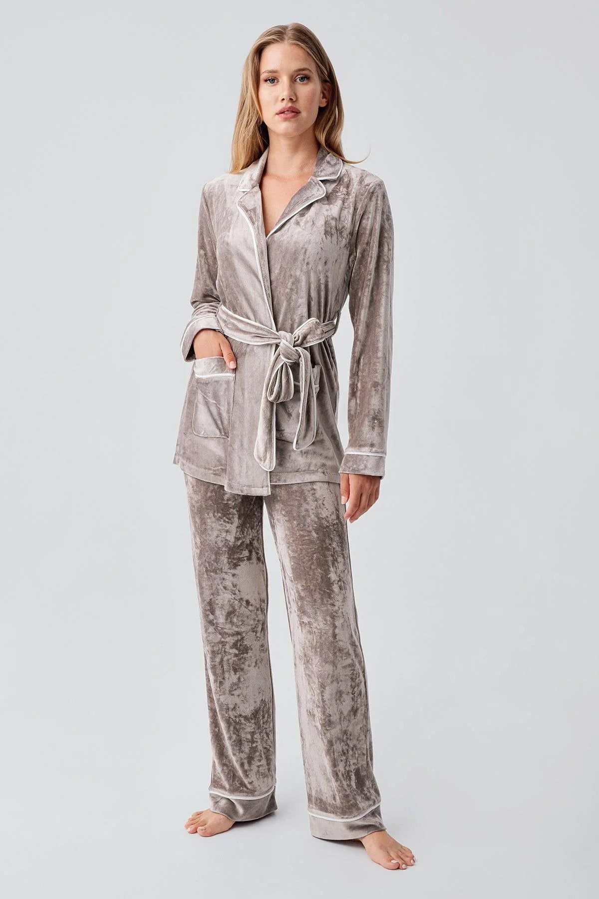 Kimono Velvet Maternity Feeding-Friendly Pajama Set Beige - S18216