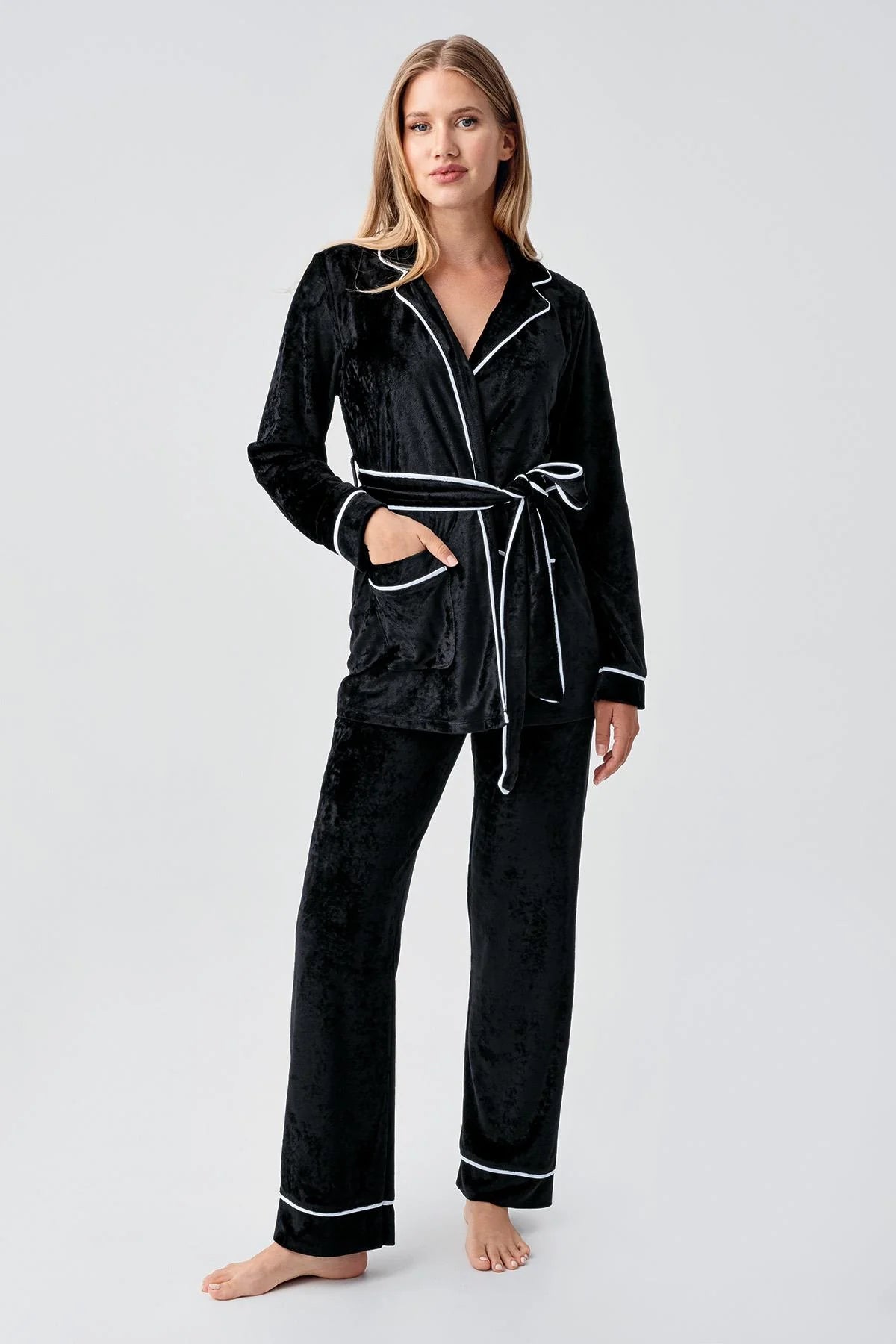 Kimono Velvet Maternity Feeding-Friendly Pajama Set Black - S18216