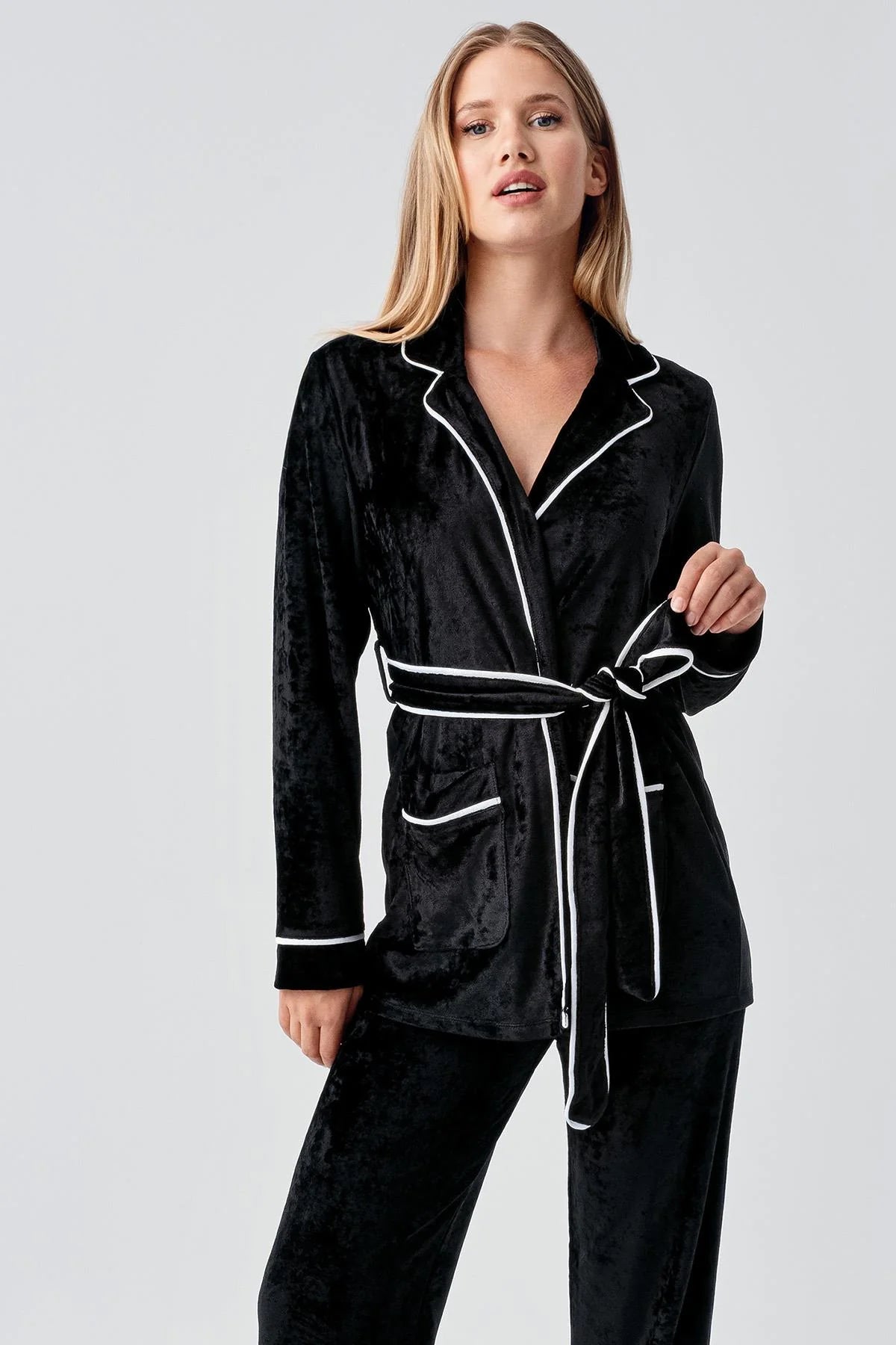 Kimono Velvet Maternity Feeding-Friendly Pajama Set Black - S18216