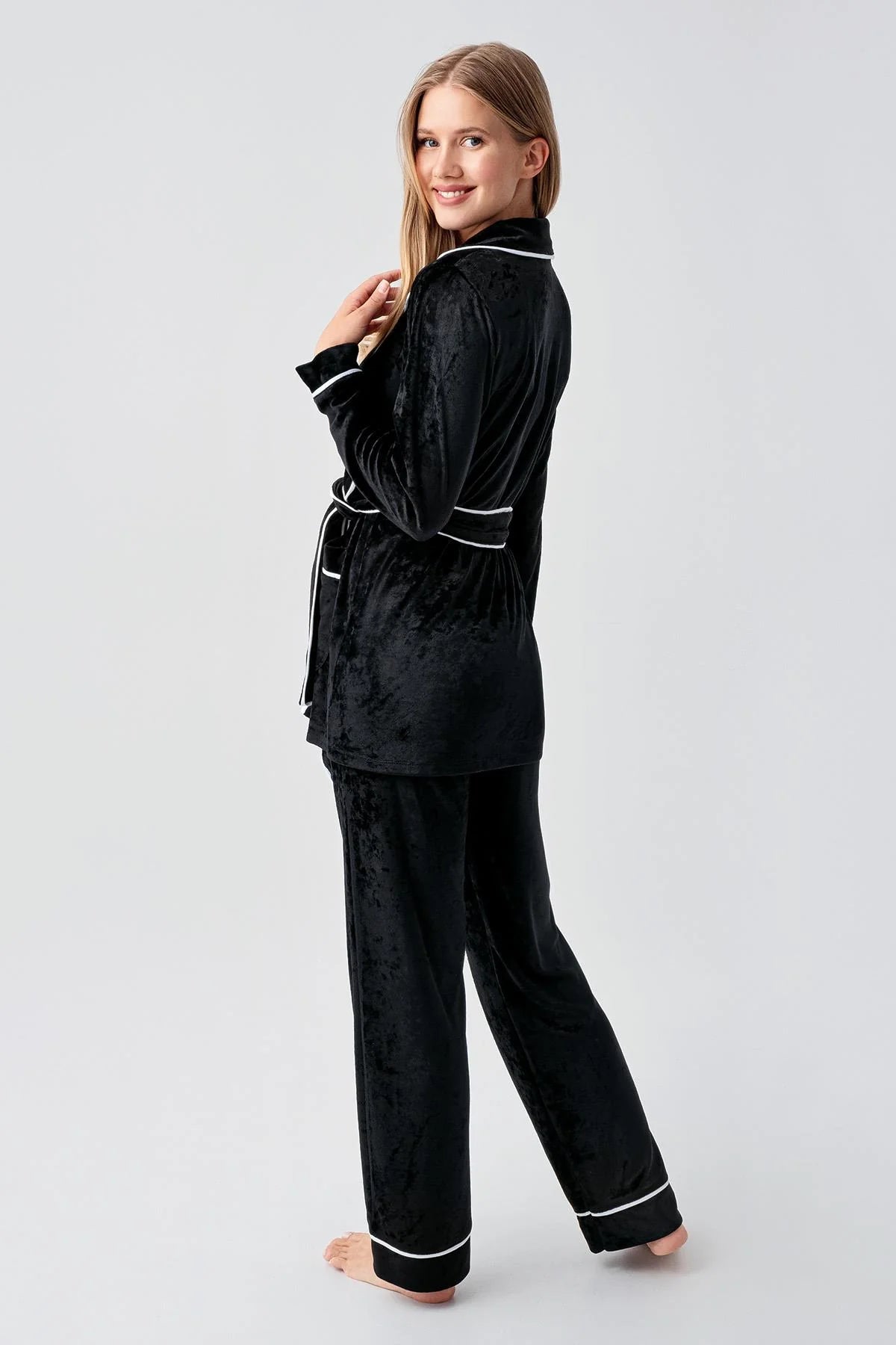 Kimono Velvet Maternity Feeding-Friendly Pajama Set Black - S18216