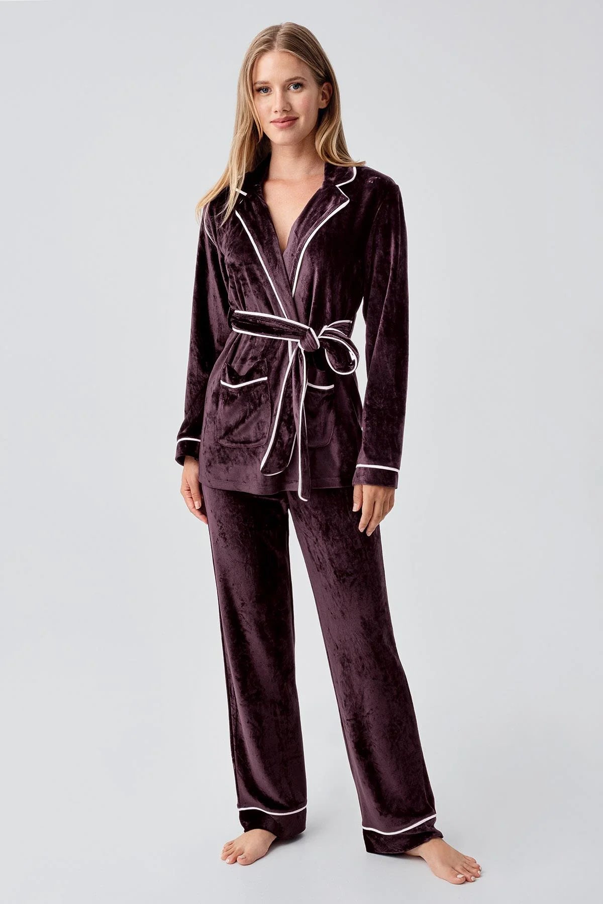 Kimono Velvet Maternity Feeding-Friendly Pajama Set Plum - S18216