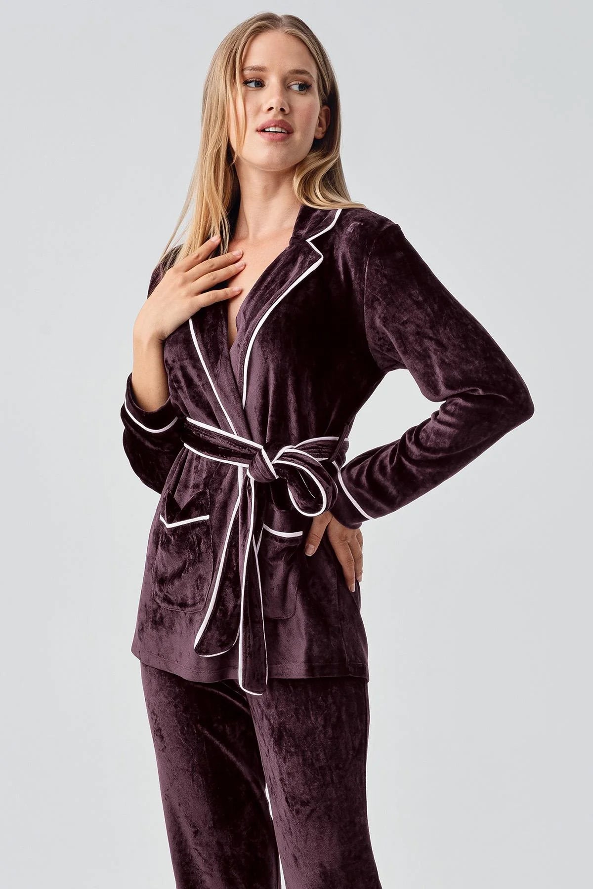 Kimono Velvet Maternity Feeding-Friendly Pajama Set Plum - S18216