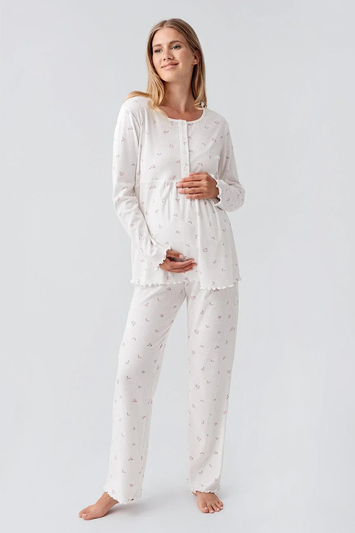 Ribbed Patterned Cotton Maternity Feeding-Friendly Pajama Set Ecru - S18218