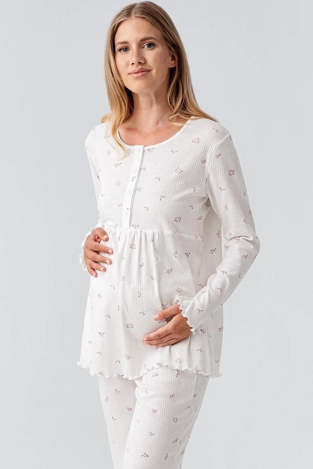 Ribbed Patterned Cotton Maternity Feeding-Friendly Pajama Set Ecru - S18218