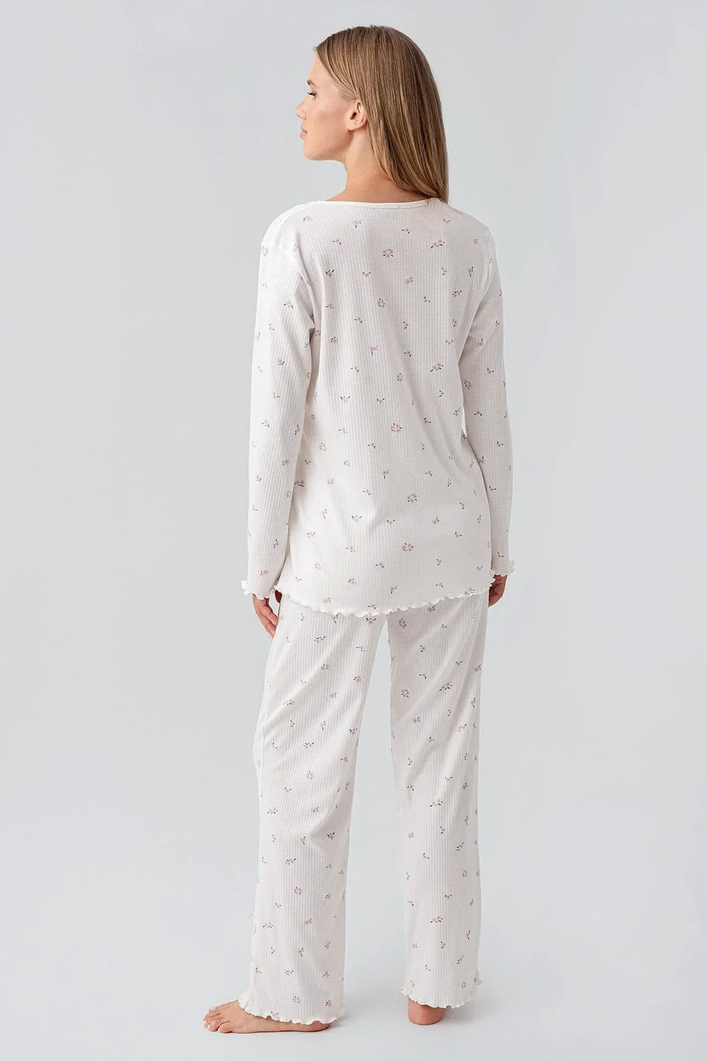 Ribbed Patterned Cotton Maternity Feeding-Friendly Pajama Set Ecru - S18218