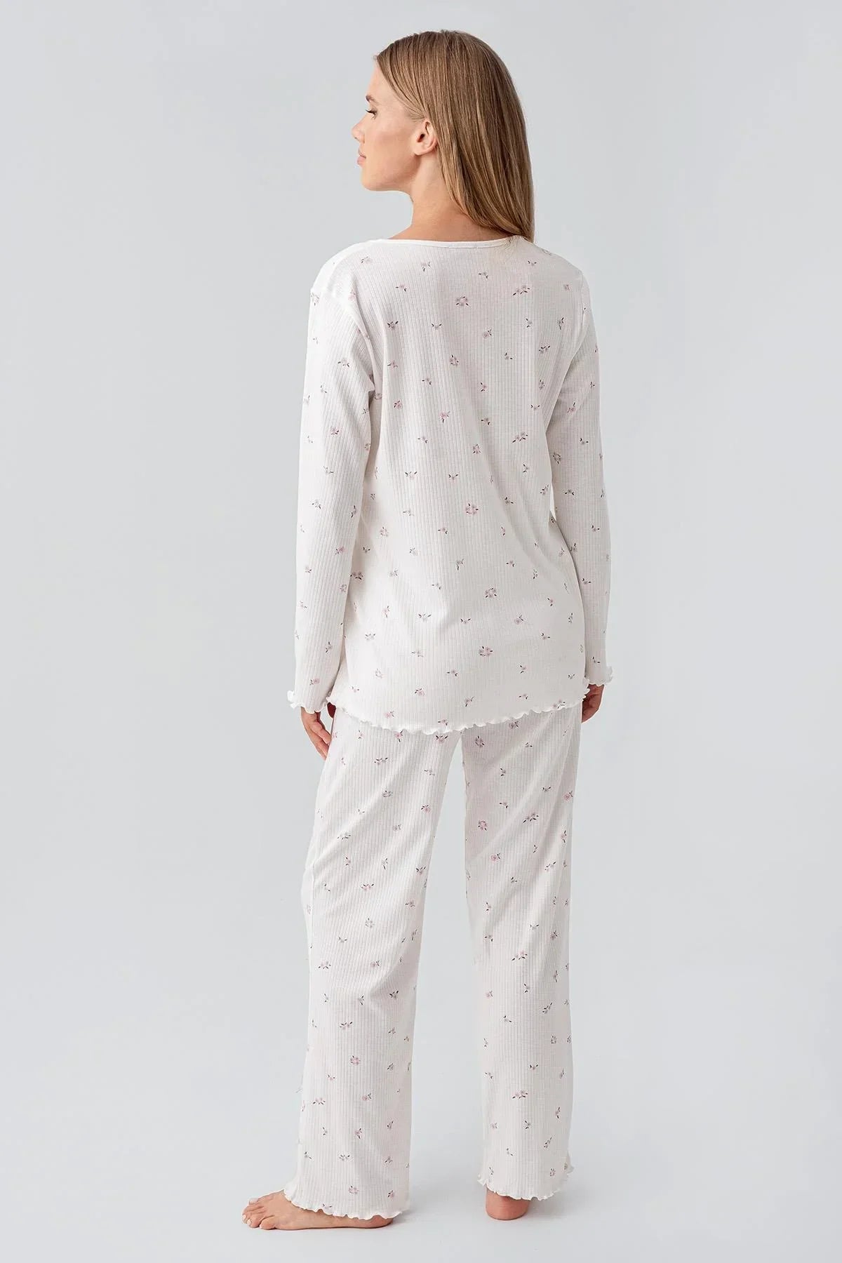 Ribbed Patterned Cotton Maternity Feeding-Friendly Pajama Set Ecru - S18218