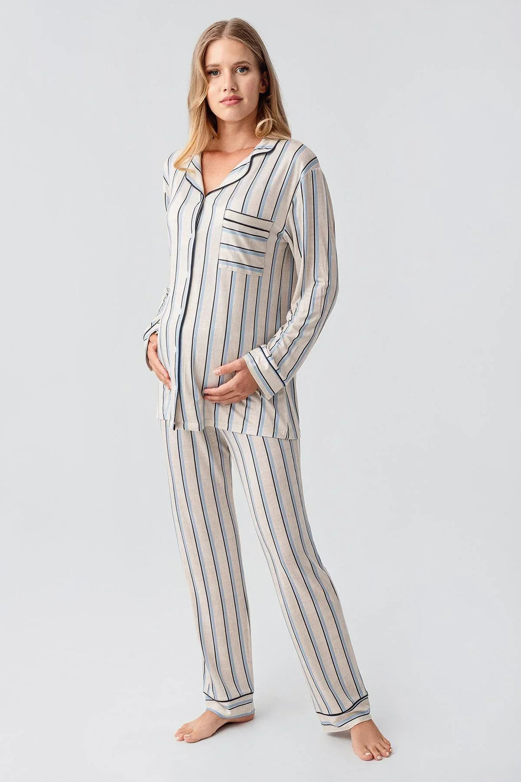 Striped Maternity Feeding-Friendly Pajama Set Blue - S18220