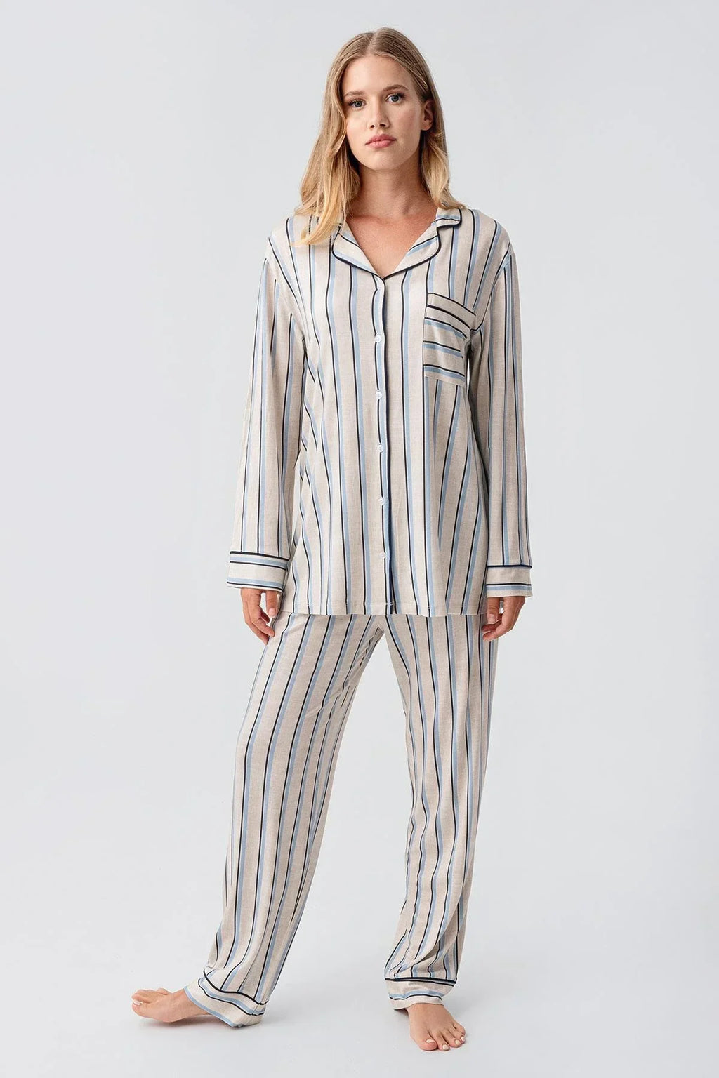 Striped Maternity Feeding-Friendly Pajama Set Blue - S18220