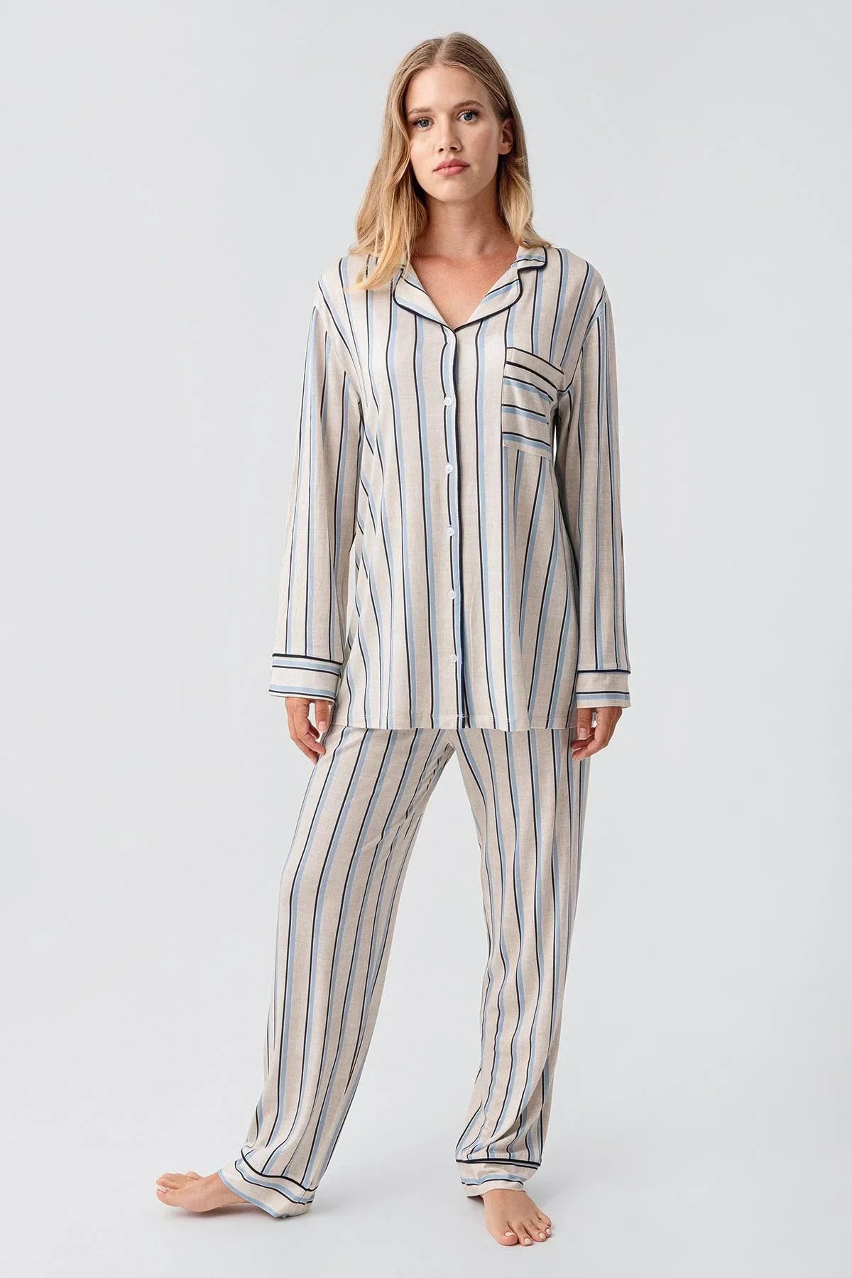 Striped Maternity Feeding-Friendly Pajama Set Blue - S18220