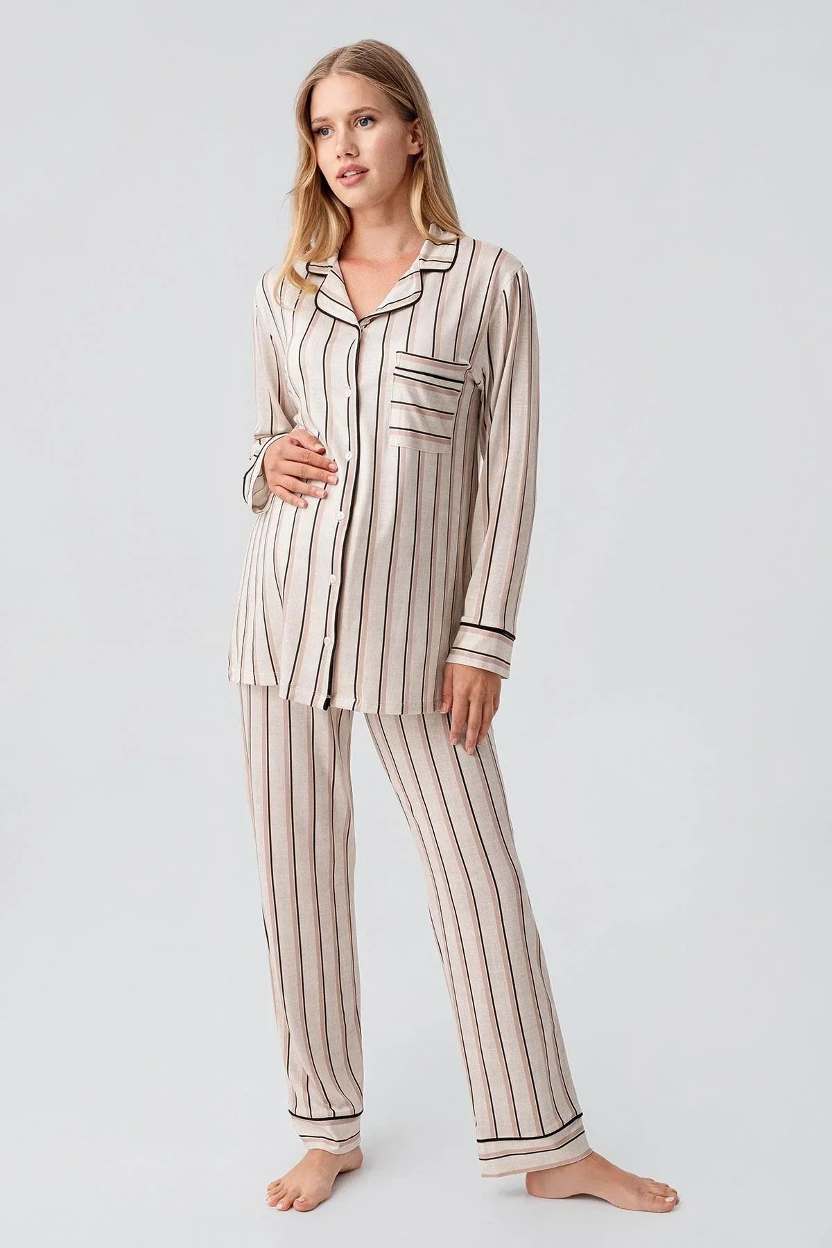 Striped Maternity Feeding-Friendly Pajama Set Dried Rose - S18220