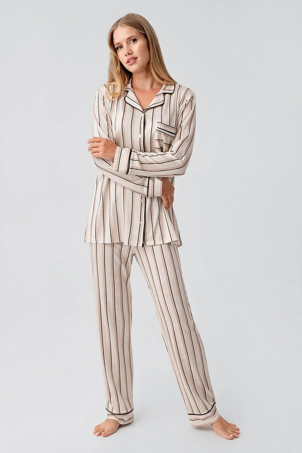 Striped Maternity Feeding-Friendly Pajama Set Dried Rose - S18220