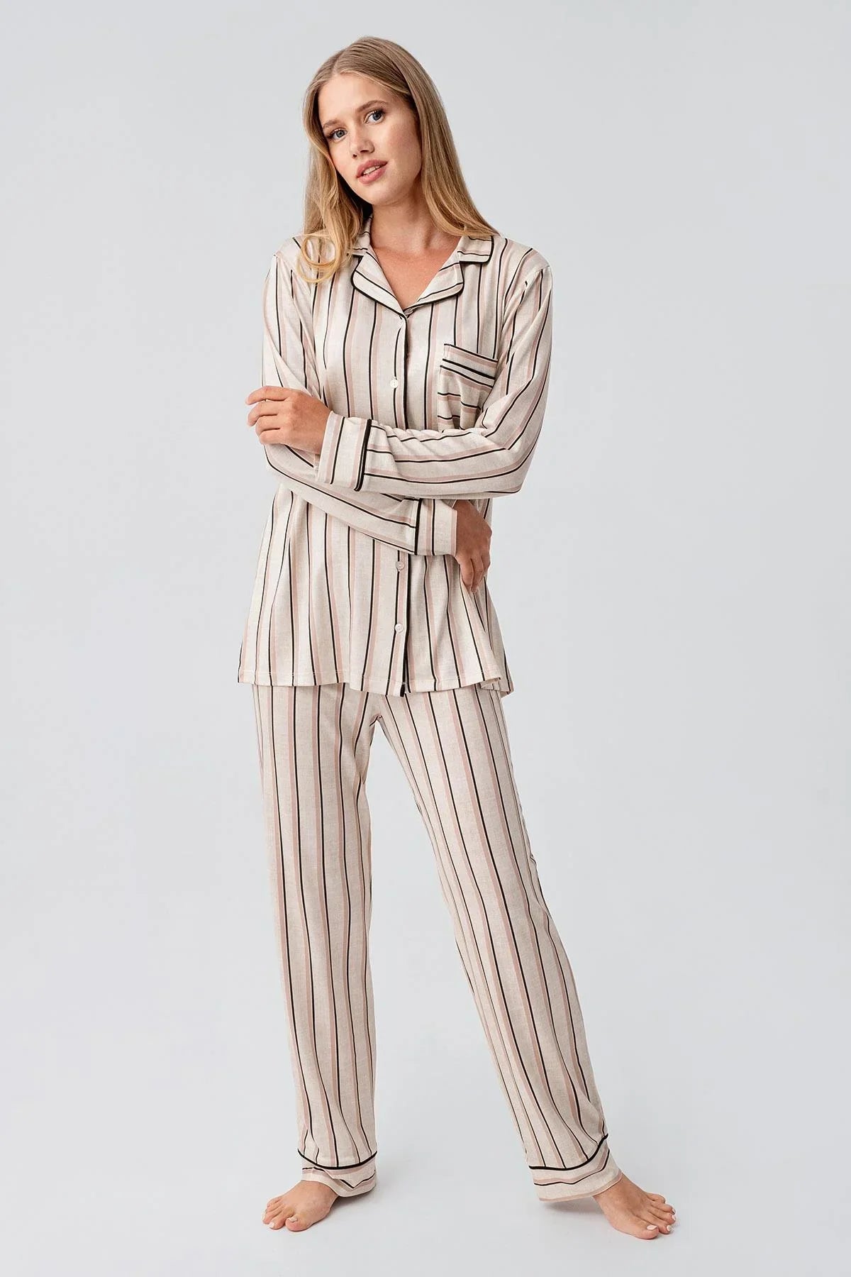 Striped Maternity Feeding-Friendly Pajama Set Dried Rose - S18220