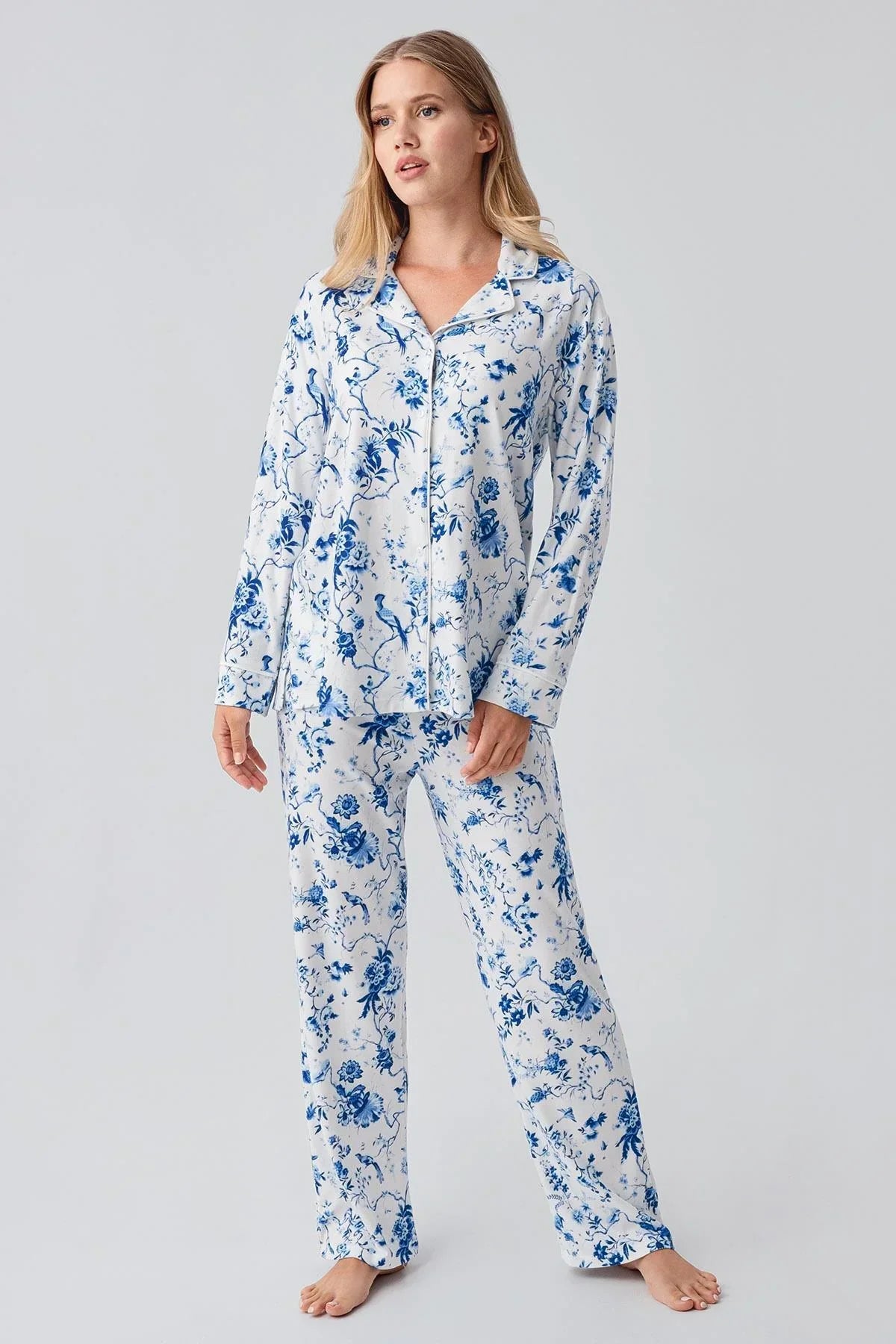 Patterned Thermal Maternity Feeding-Friendly Pajama Set Blue - S18222