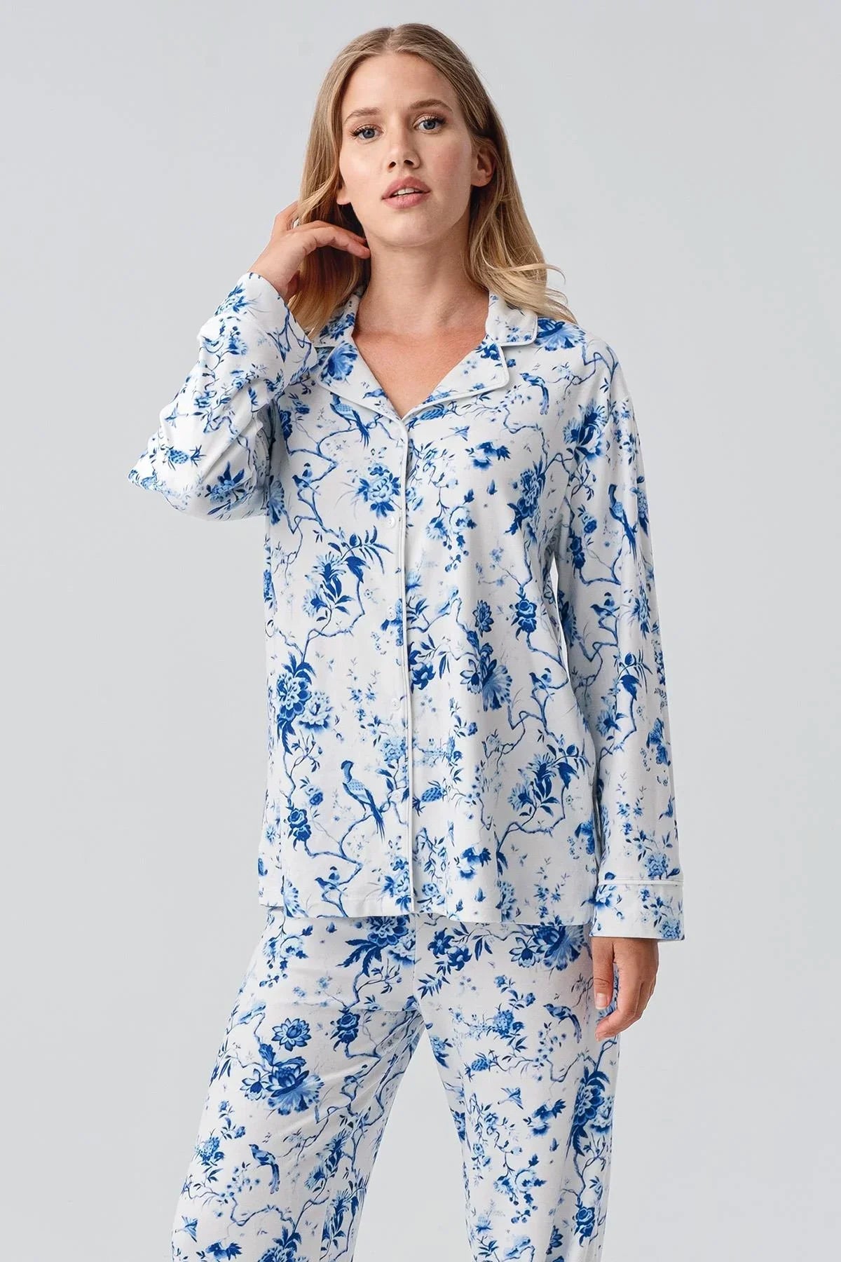Patterned Thermal Maternity Feeding-Friendly Pajama Set Blue - S18222