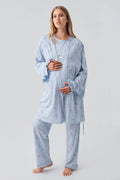 Patterned Pleated Cotton 3-Piece Maternity Feeding-Friendly Pajama & Robe Set Blue - S18300
