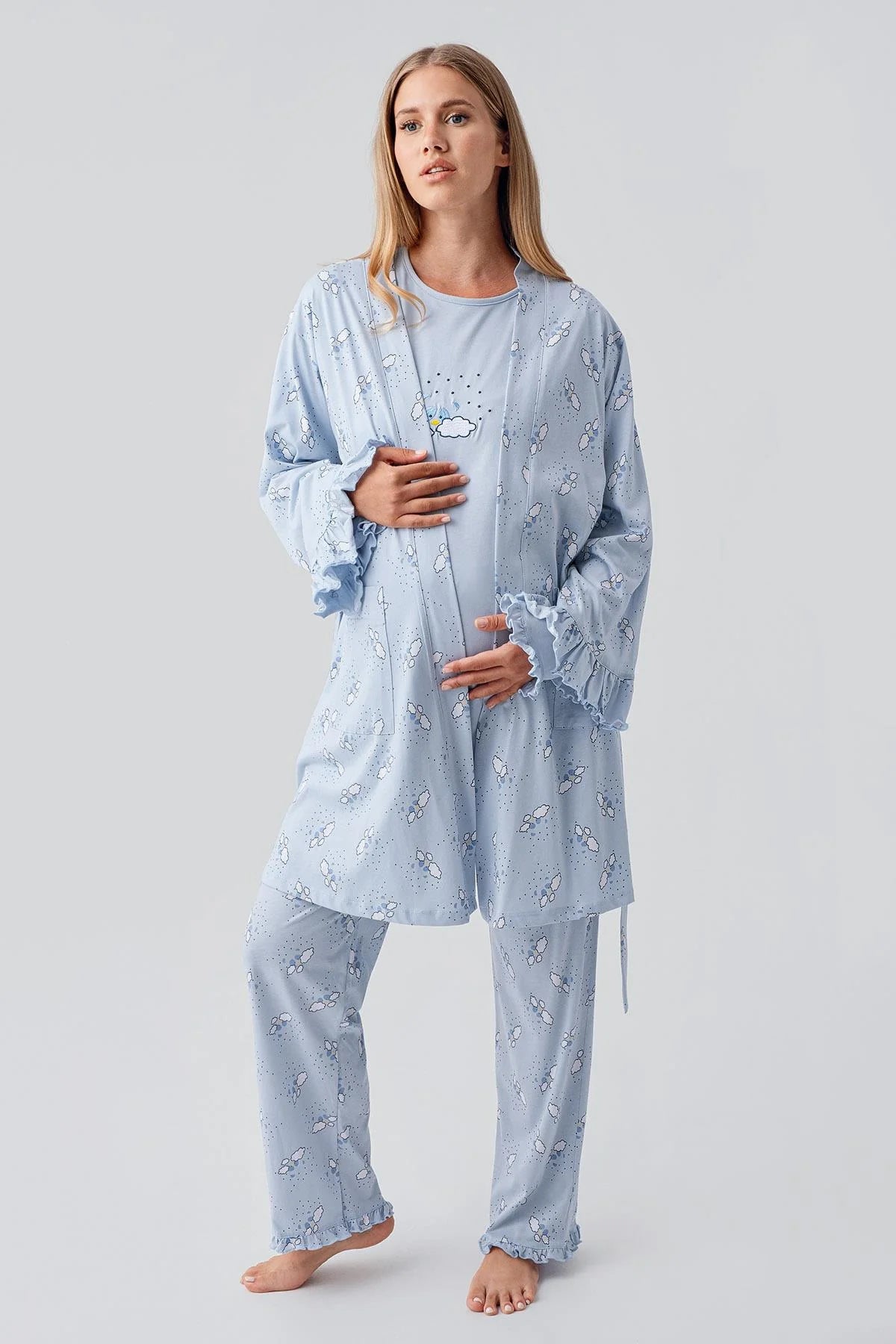 Patterned Pleated Cotton 3-Piece Maternity Feeding-Friendly Pajama & Robe Set Blue - S18300