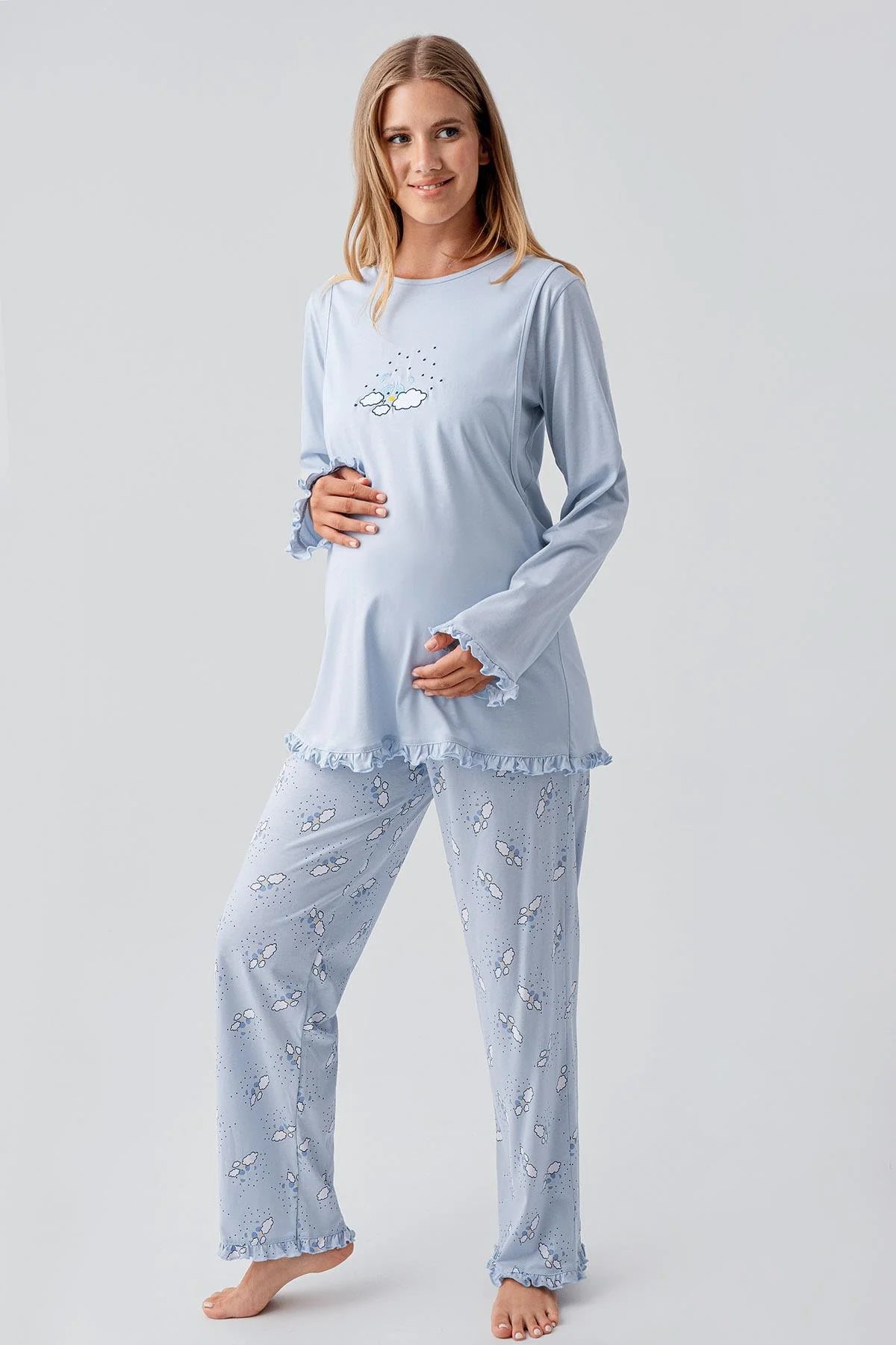 Patterned Pleated Cotton 3-Piece Maternity Feeding-Friendly Pajama & Robe Set Blue - S18300