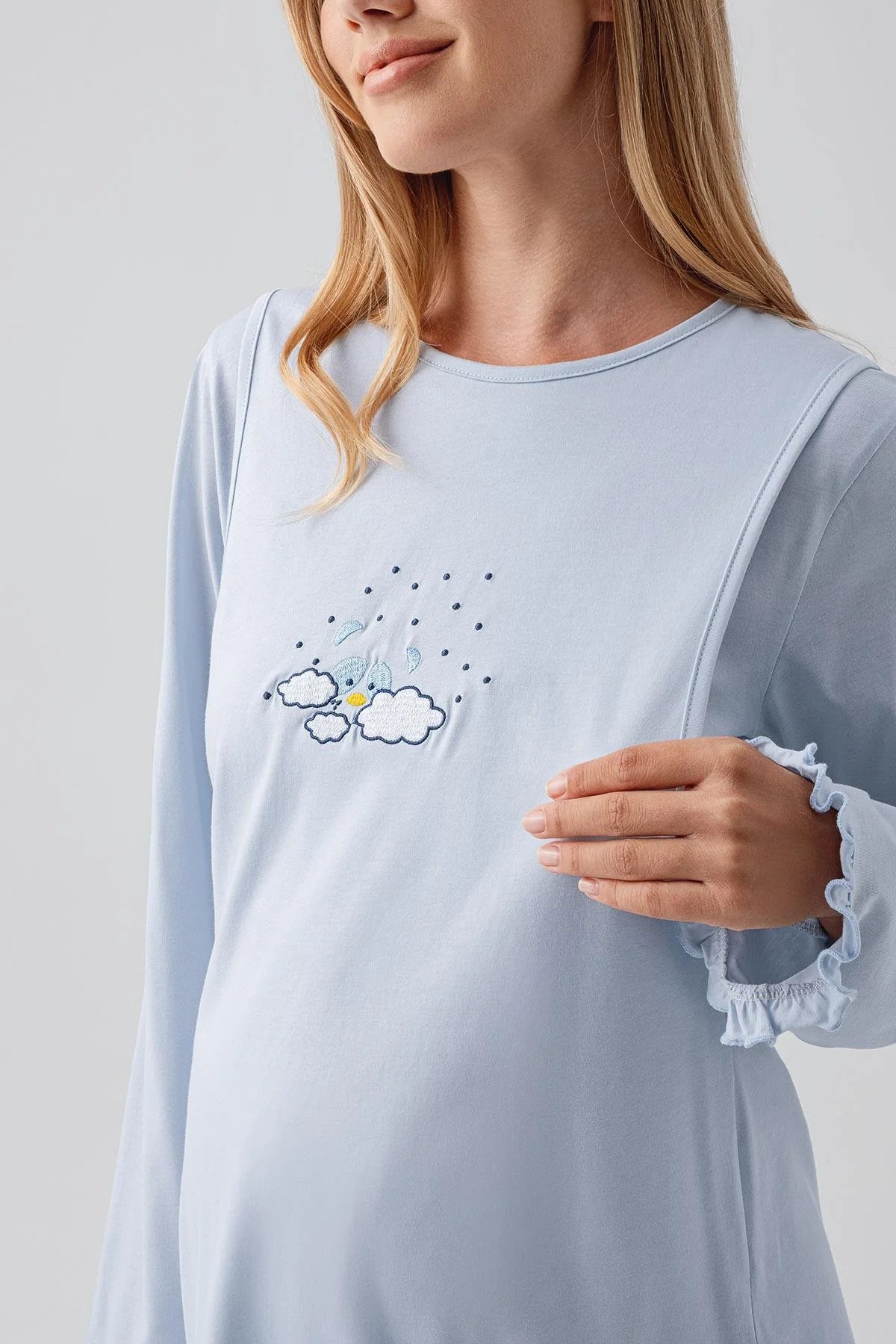 Patterned Pleated Cotton 3-Piece Maternity Feeding-Friendly Pajama & Robe Set Blue - S18300