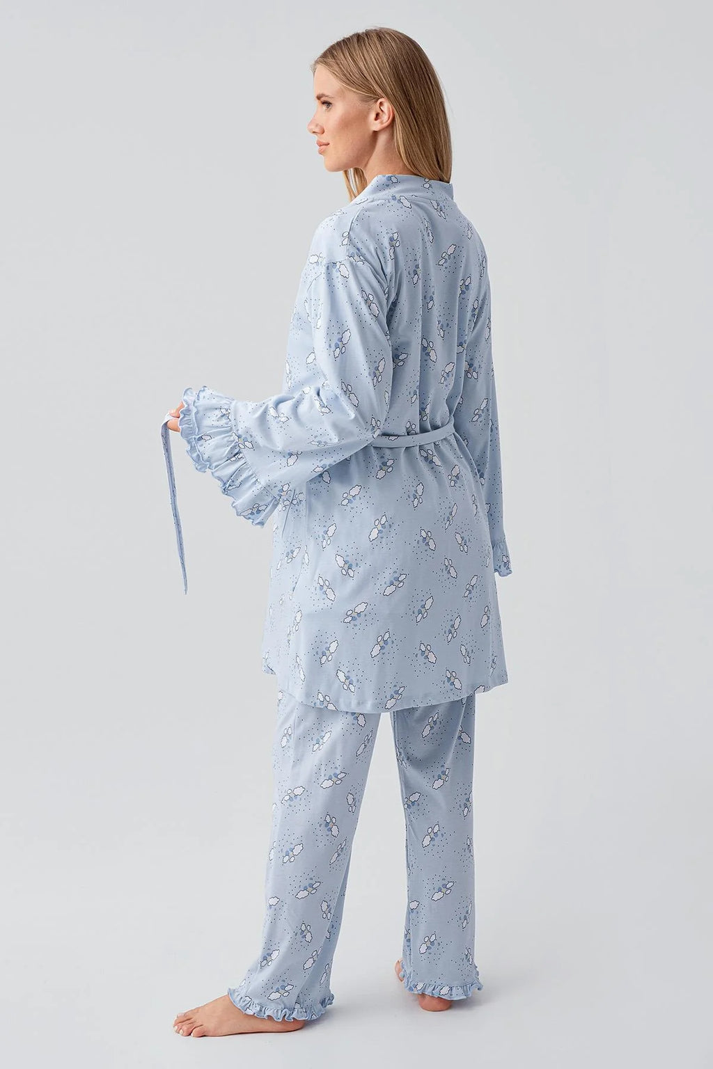 Patterned Pleated Cotton 3-Piece Maternity Feeding-Friendly Pajama & Robe Set Blue - S18300