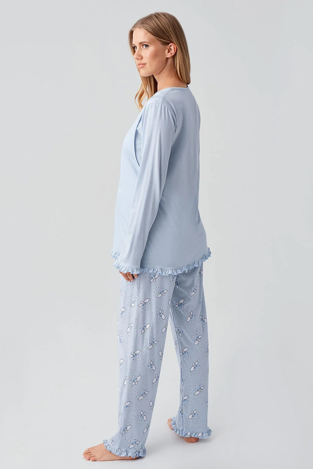 Patterned Pleated Cotton 3-Piece Maternity Feeding-Friendly Pajama & Robe Set Blue - S18300