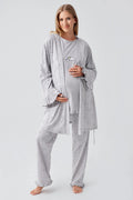 Patterned Pleated Cotton 3-Piece Maternity Feeding-Friendly Pajama & Robe Set Grey - S18300