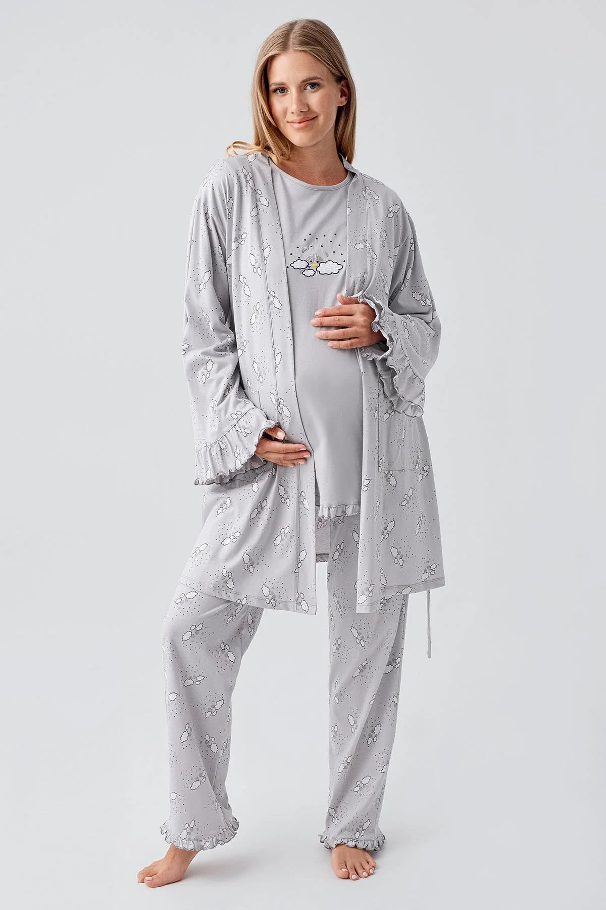 Patterned Pleated Cotton 3-Piece Maternity Feeding-Friendly Pajama & Robe Set Grey - S18300