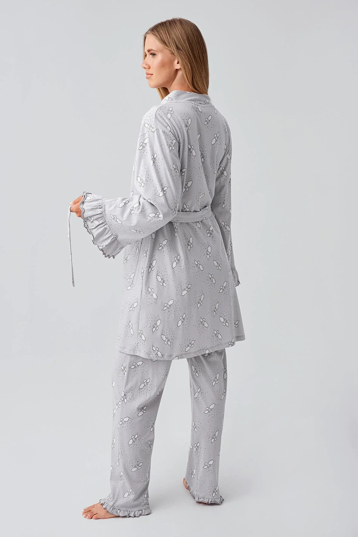 Patterned Pleated Cotton 3-Piece Maternity Feeding-Friendly Pajama & Robe Set Grey - S18300