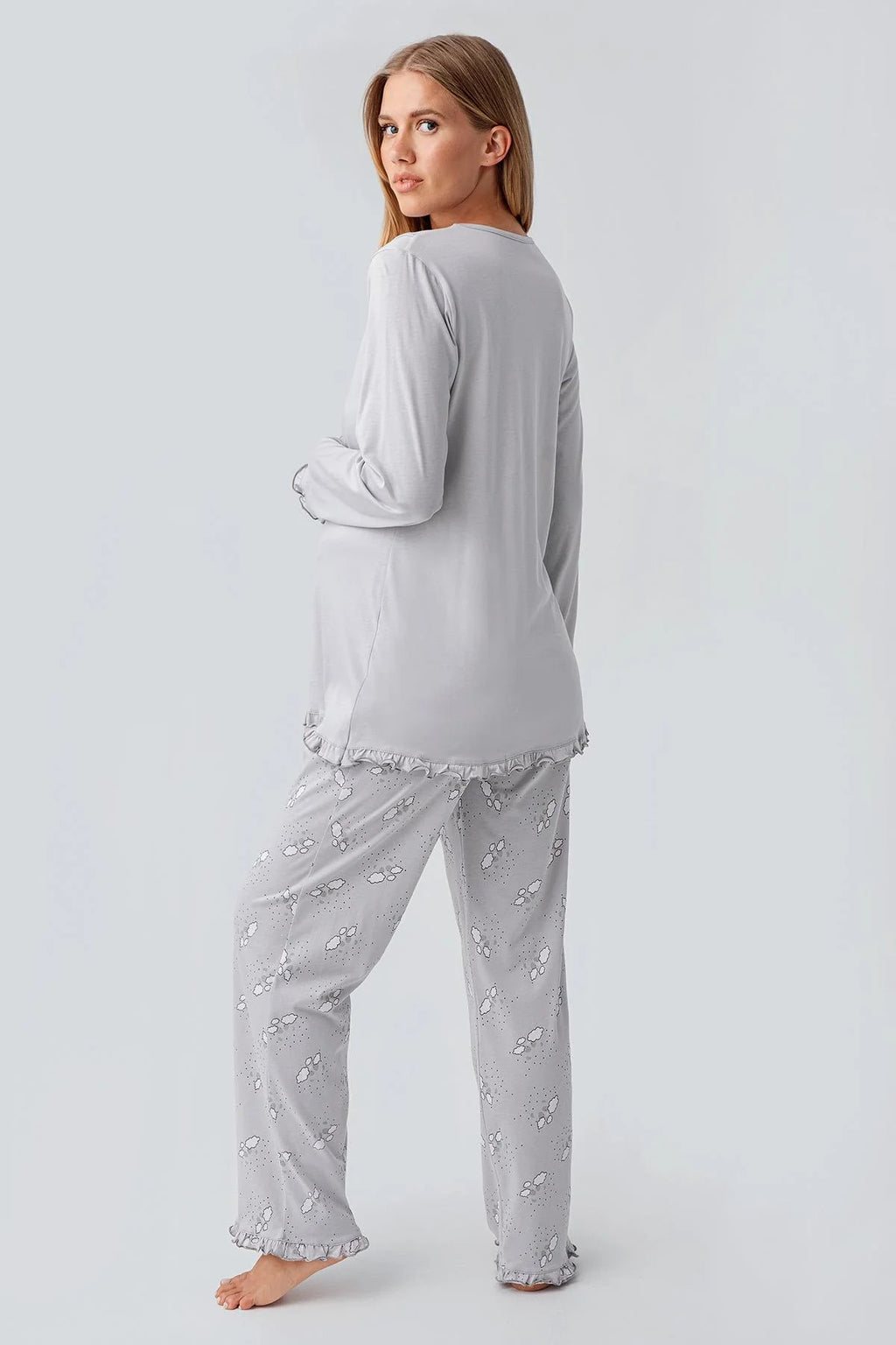 Patterned Pleated Cotton 3-Piece Maternity Feeding-Friendly Pajama & Robe Set Grey - S18300