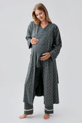 Side Tie Nursing Feature Cotton 3-Piece Maternity Feeding-Friendly Pajama & Patterned Robe Set Green - S18301