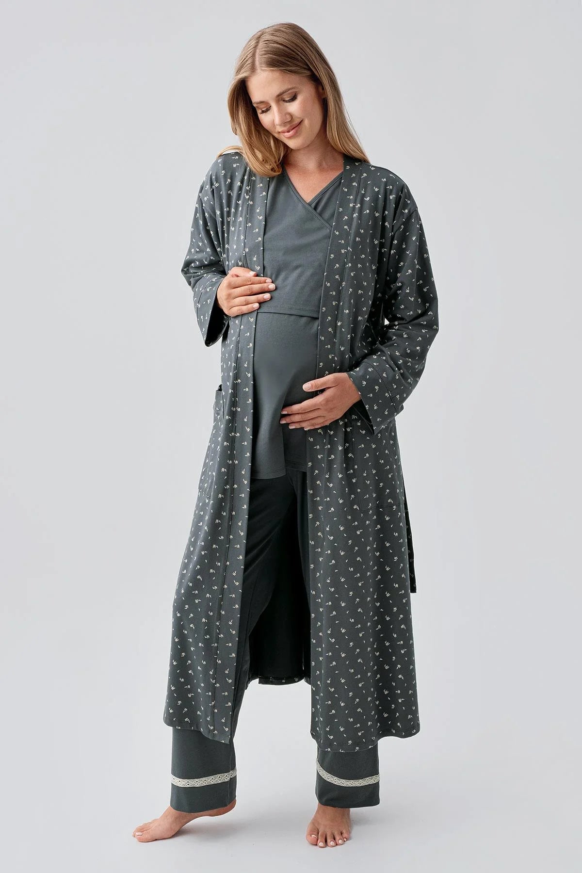 Side Tie Nursing Feature Cotton 3-Piece Maternity Feeding-Friendly Pajama & Patterned Robe Set Green - S18301