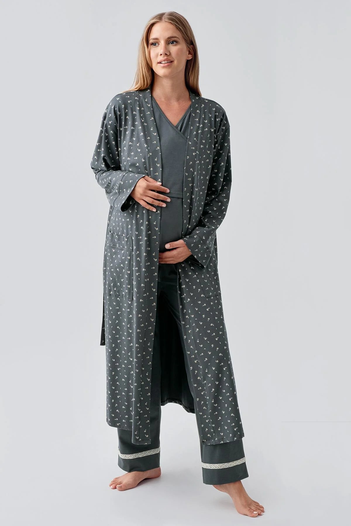 Side Tie Nursing Feature Cotton 3-Piece Maternity Feeding-Friendly Pajama & Patterned Robe Set Green - S18301