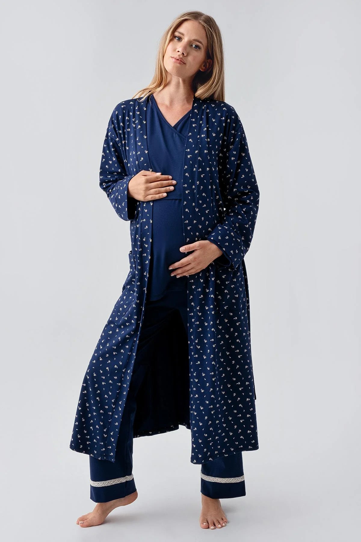 Side Tie Nursing Feature Cotton 3-Piece Maternity Feeding-Friendly Pajama & Patterned Robe Set Navy Blue - S18301
