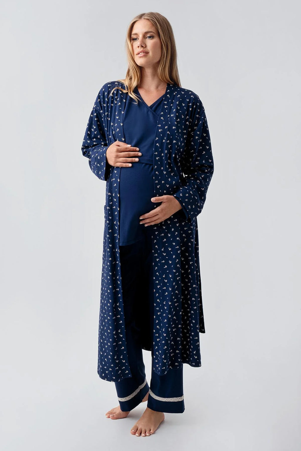 Side Tie Nursing Feature Cotton 3-Piece Maternity Feeding-Friendly Pajama & Patterned Robe Set Navy Blue - S18301