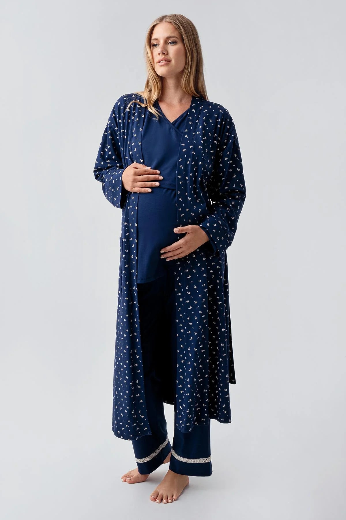 Side Tie Nursing Feature Cotton 3-Piece Maternity Feeding-Friendly Pajama & Patterned Robe Set Navy Blue - S18301