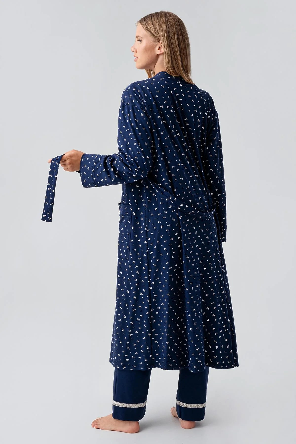 Side Tie Nursing Feature Cotton 3-Piece Maternity Feeding-Friendly Pajama & Patterned Robe Set Navy Blue - S18301