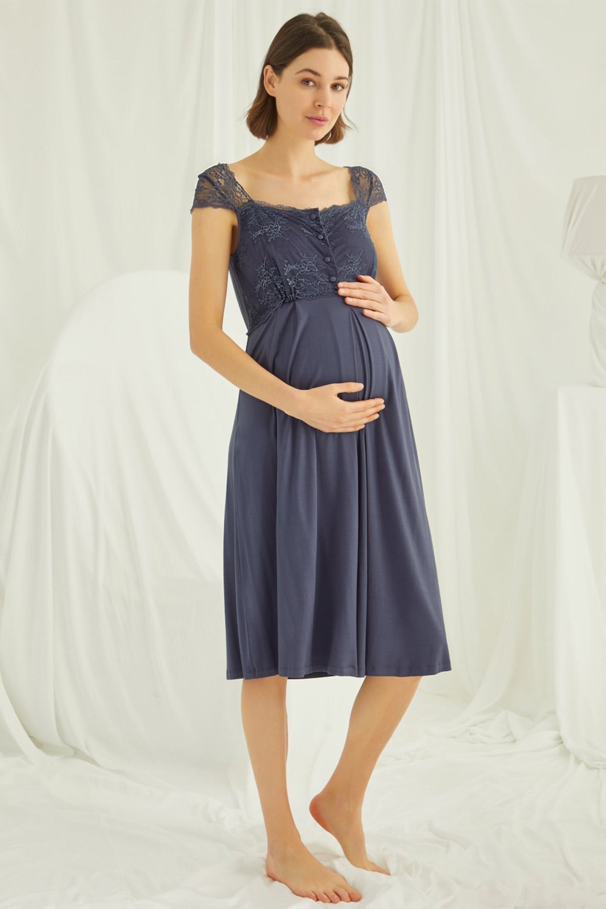 Lace Shoulder Maternity Feeding-Friendly Nightgown Navy Blue - E18302