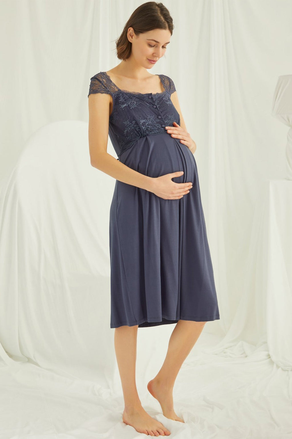 Lace Shoulder Maternity Feeding-Friendly Nightgown Navy Blue - E18302