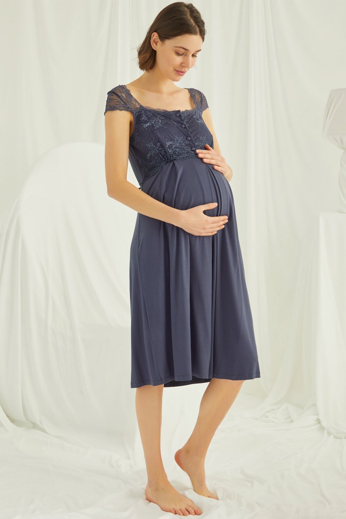 Lace Shoulder Maternity Feeding-Friendly Nightgown Navy Blue - E18302