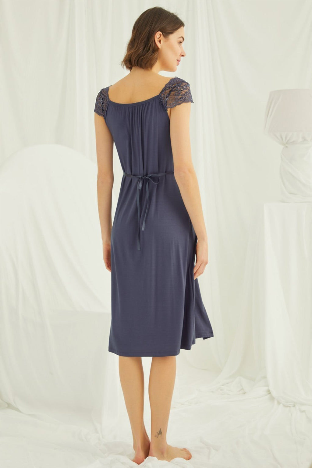 Lace Shoulder Maternity Feeding-Friendly Nightgown Navy Blue - E18302